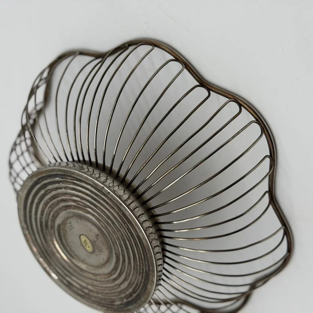 Vintage Silver Tone Wire Fruit Basket Scalloped Rim Mid Century Modern Style